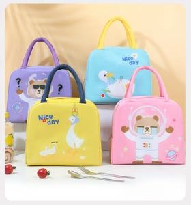 Collection of colorful cartoon insulated lunch bags with cute bear and duck prints