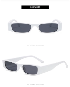 Detail view of white retro rectangle sunglasses showing C05 white frame and dark lenses