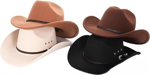 Detail of wool western cowboy hats with leather straps in beige, brown and black colors