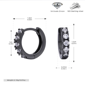 Detailed view showing dimensions and 5A zircon inlay on black S925 silver hoop earrings