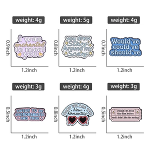 Detail view of colorful enamel pins with dimensions and weights for music fans