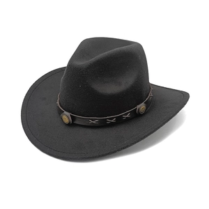 Chapeau de cowboy classique en laine noire avec bande cuir marron et boucles métal