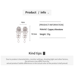 Detail showing dimensions of 4cm by 10.5cm for silver rhinestone floral tassel earrings