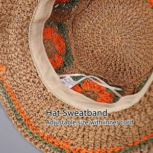 Handmade crochet straw hat for women with adjustable inner band and floral accents
