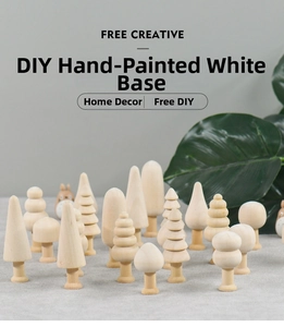 Macro detail of various unpainted DIY wooden tree miniatures for creative hand painting