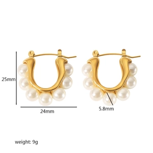 French vintage 18K gold plated stainless steel U-shaped earrings with round pearls
