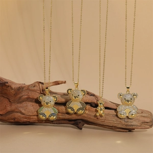 Cute teddy bear pendant necklace with colorful zircons in luxury gold finish