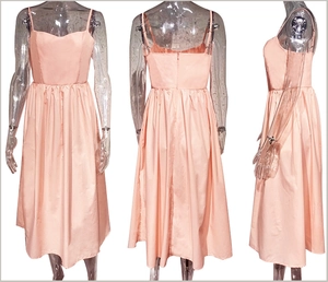 Detailed views of pink backless midi dress from front, back, and side angles