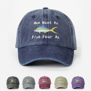Washed Polyester Baseball Cap Embroidered Fish Men Want Me Fish Fear Me Vintage Adjustable Outdoor Sun Shade Hat