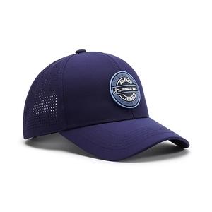 Waterproof baseball cap with laser-cut ventilation holes and round logo patch