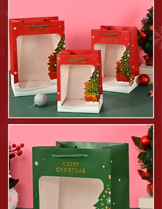 Detail of red and green Christmas paper gift bags with clear window and gold reindeer