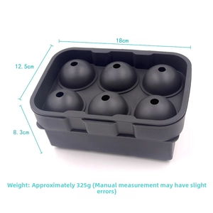 Detailed dimensions of 6-hole black silicone ice ball mold measuring 18x12.5x8.3cm