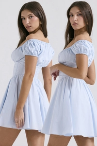 Dual view of light blue puff sleeve mini dress with corset waist and off-shoulder detail
