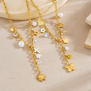 Collana A Y In Acciaio Inossidabile Placcato Oro Multi Ciondoli Stella Farfalla Croce Sole Imitazione Perla Artificial Zircone Donna