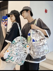 Graffiti print waterproof couple backpacks for college students with cute duck pendants