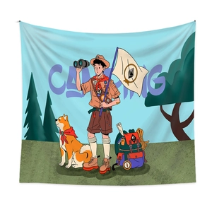Détail de la tapisserie de camping montrant les boucles en métal et l'art extérieur