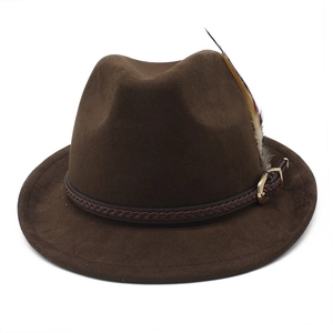 Detail of dark brown fedora hat with woven leather band and natural feather accent