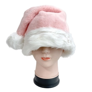 Rosa Plüsch-Weihnachtsmütze mit weißem Kunstfellbesatz und Bommel auf Mannequin