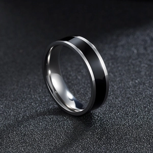 6mm minimalist silver and black titanium steel ring with polished mirror finish