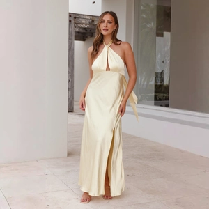Elegant cream satin halter neck maxi dress with high slit and keyhole detail for women