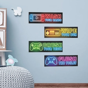 Gaming Controller Wall Stickers PVC Self Adhesive Neon Style E-Sports Room Decor Motivational Slogans Removable Decals