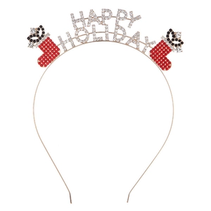 Cerchietto natalizio dorato con scritta Happy Holiday in strass e calze rosse festive