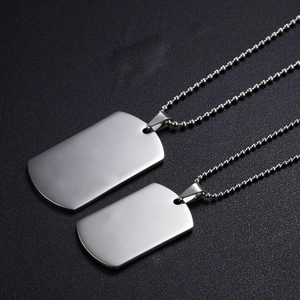 Polished stainless steel double dog tag pendant necklace with beaded chain for men