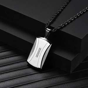 Men's silver stainless steel rectangular pendant with brushed finish and zircon inlay