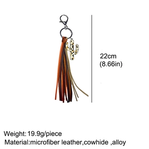 Detail showing cactus charm with leopard print and multicolored leather tassels, 22cm long