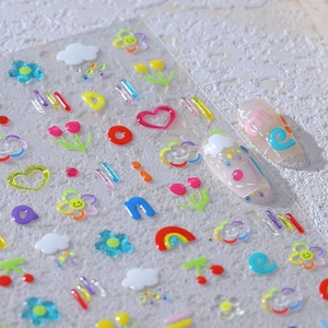 3D embossed nail stickers featuring colorful tulips, rainbows, and clouds for nail art