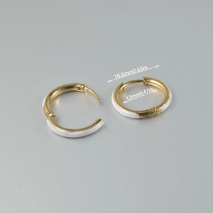 Gold plated stainless steel hoop earrings with white enamel inlay and size measurements