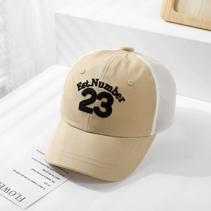 Detail of toddler mesh baseball cap with vintage Est.Number 23 embroidery and breathable net