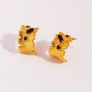 Irregular Wrinkled C-Shape Stud Earrings Black Zircon Gold Plated Brass 925 Sterling Silver Earring Post For Women