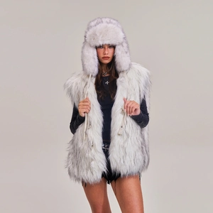 Winter faux fur vest and pilot hat set with grey-tipped white plush texture