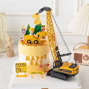 Construction themed birthday cake topper set with yellow cranes and toy bulldozer