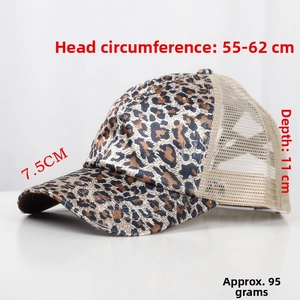 Detailed view of leopard print baseball cap with breathable mesh and ponytail cross opening