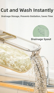 Detail of the vegetable slicer showing the water drainage feature in a kitchen