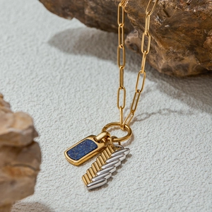 Titanium steel paperclip necklace with blue lapis lazuli pendant and two-tone chain links