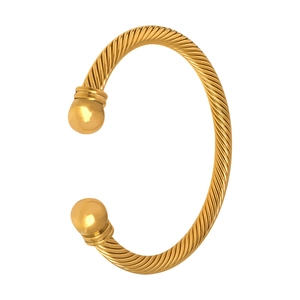 Bracciale rigido aperto a treccia dorato minimalista con estremità sferiche in acciaio