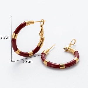 French vintage C-shaped stainless steel earrings with red enamel strawberry pendant 2.8cm