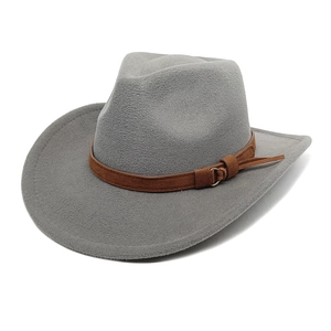 Detail of grey wool cowboy hat with brown faux leather band and metallic buckle
