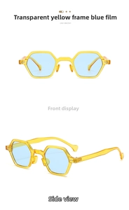 Close-up of hexagonal transparent yellow frames with light blue tinted lenses