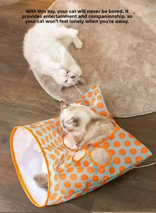 Detail of blue cat tunnel with orange prints showing two white cats playing and exploring