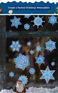 Detail showing iridescent blue snowflake window stickers on glass for Christmas decoration