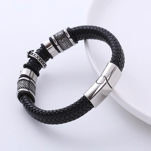 Bracciale vintage da uomo in acciaio inossidabile e pelle intrecciata nera su bianco