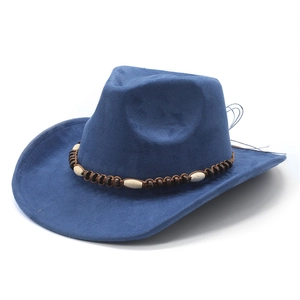 Detailansicht des dunkelblauen Wildleder-Cowboyhutes mit ethnisch gewebtem Perlenband