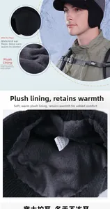 Detail view of winter knitted hat with thick fleece lining and ear protection flaps