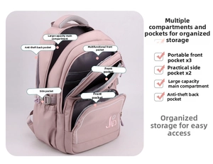 Detailed diagram of pink waterproof backpack with multiple storage compartments and pockets