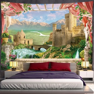 Detail of fantasy forest tapestry featuring castle and waterfall in a bedroom setting