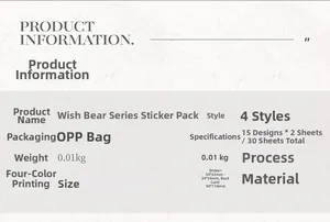 Detailed product specification for vintage bear theme sticker pack including sizes and materials